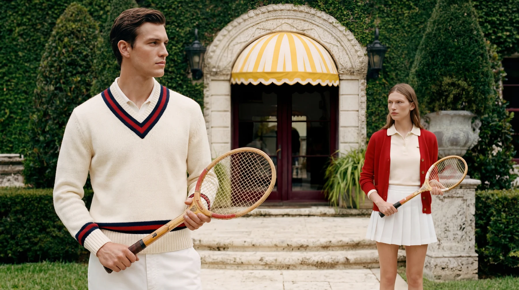 Tennis fashion couple at a garden estate