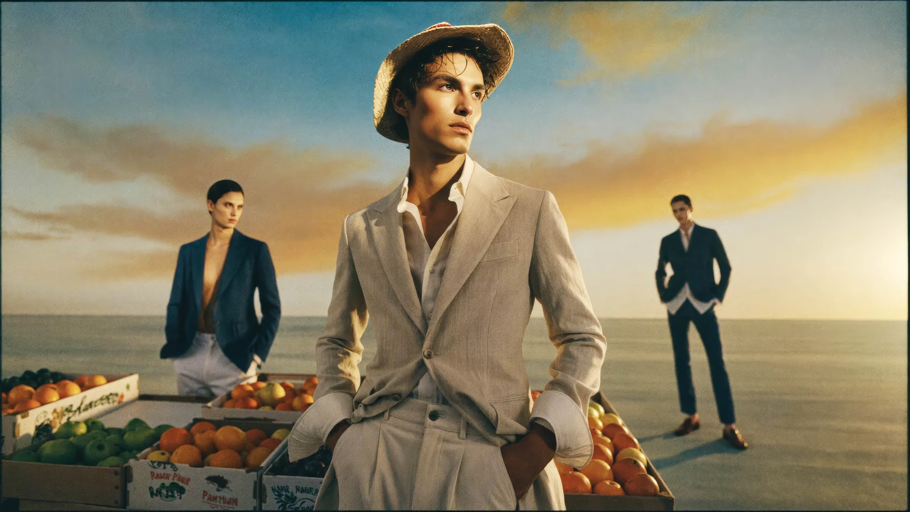 Three models in tailoring at a seaside market
